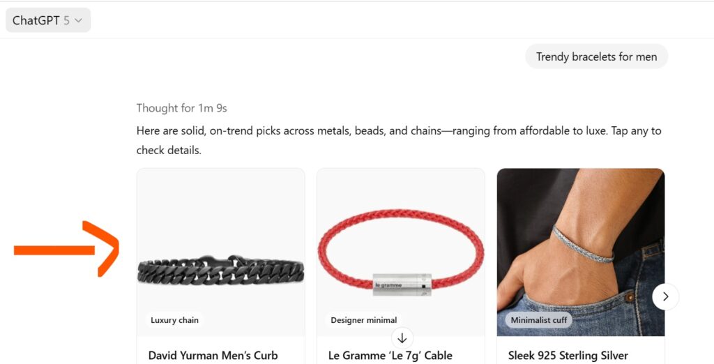 ChatGPT New Shopping Feature Listings for Men's Bracelets