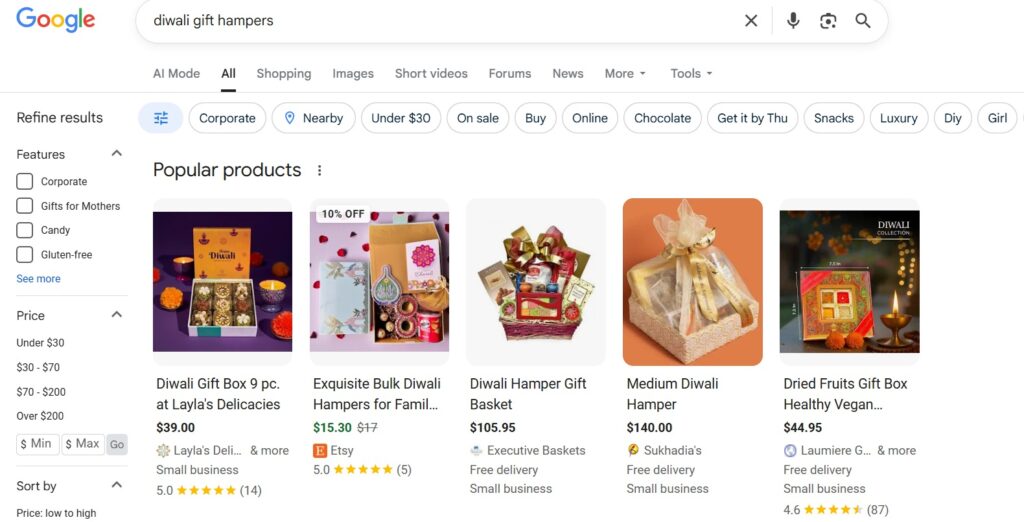 Festival optimized gift hampers on Google listing