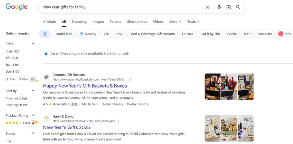 Google search for New year gifts